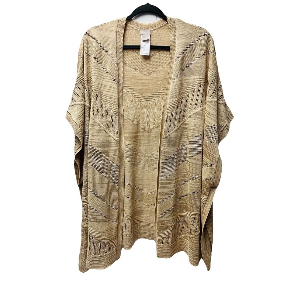 Chico's L/XL Beige Textured Open Front Poncho Cardigan Tribal Lagenlook Gypsy